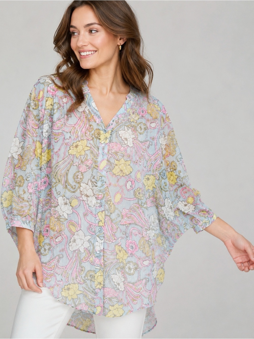Badgley Mischka Woman Floral Chiffon Relax Flutter Sleeve Blouse LARGE Romantic